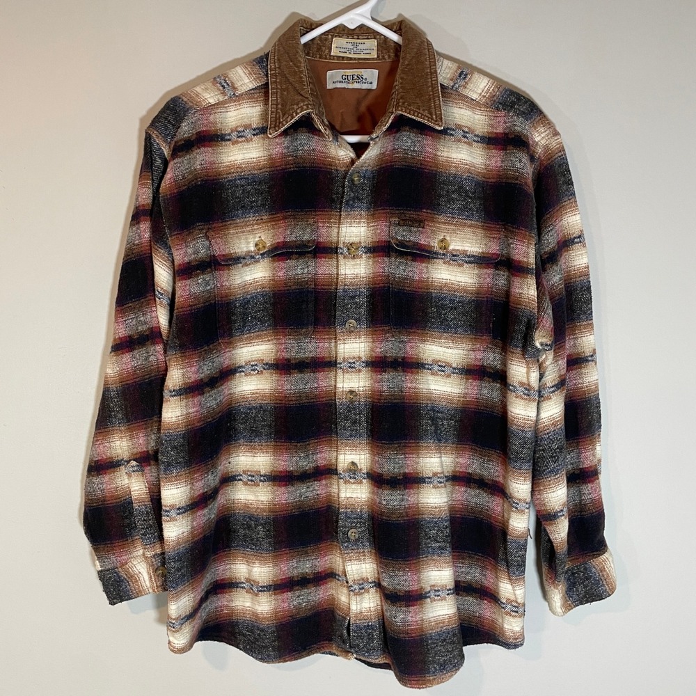 VTG Guess Plaid Thick Flannel Corduroy Collar XL Southwestern Button Down Shirt
